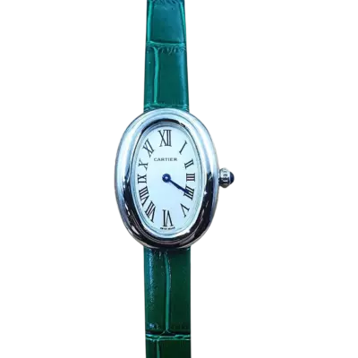 Cartier Baignoire 31×23 мм, белый циферблат, зелёный ремешок (стальной корпус)