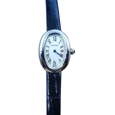 Cartier Baignoire 31×23 мм, белый циферблат, чёрный ремешок (стальной корпус)