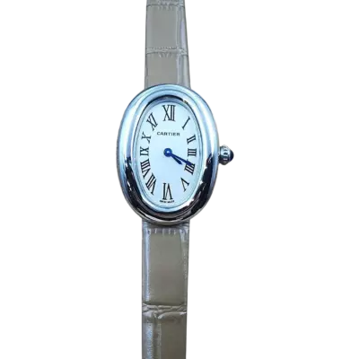 Cartier Baignoire 31×23 мм, белый циферблат, бежевый ремешок (корпус с жёлтым покрытием)