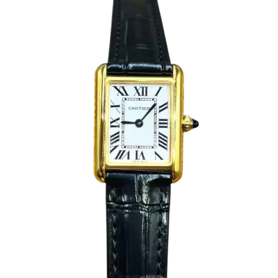 Cartier Tank 24 мм, жёлтое покрытие, белый циферблат, чёрный ремешок