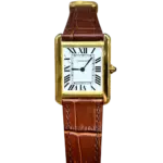 Cartier Tank 31 мм, жёлтое покрытие, белый циферблат, коричневый ремешок