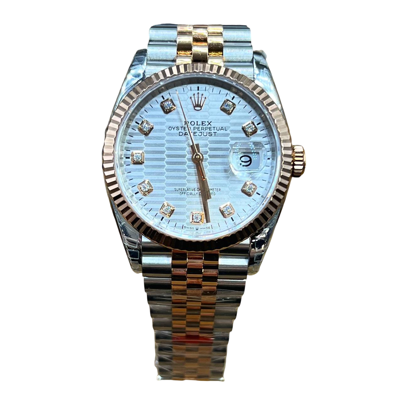 Rolex Day-Date 36 мм, перламутровый циферблат с метками-камнями и инкрустированный браслет
